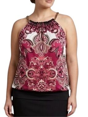 CACHÉ Vintage Y2K Halter Top Chain Neck Paisley Print Pink Black Boho Medium